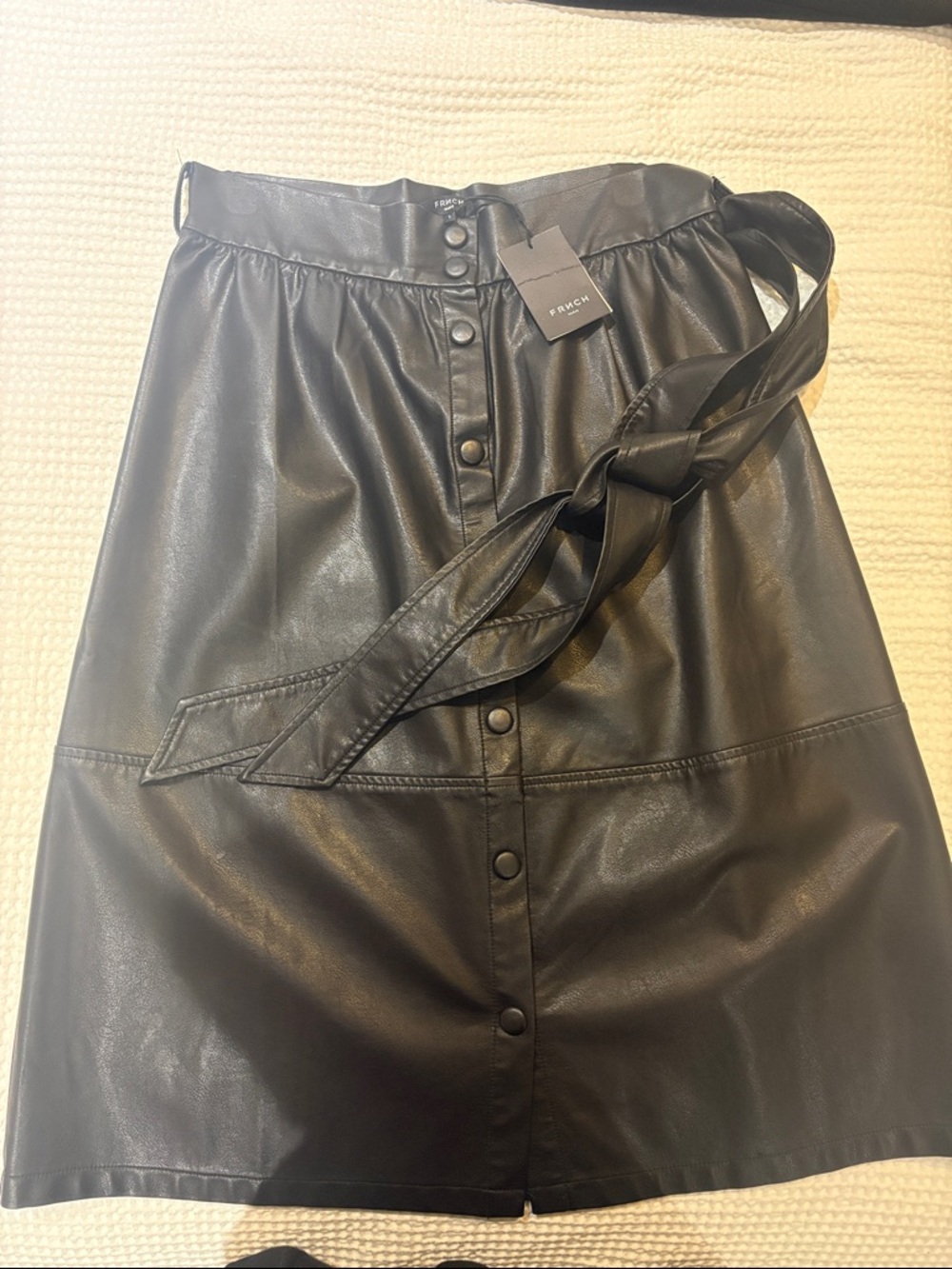 FRNCH Black Faux Leather A-Line Button-Front Skirt with Self-Tie Belt